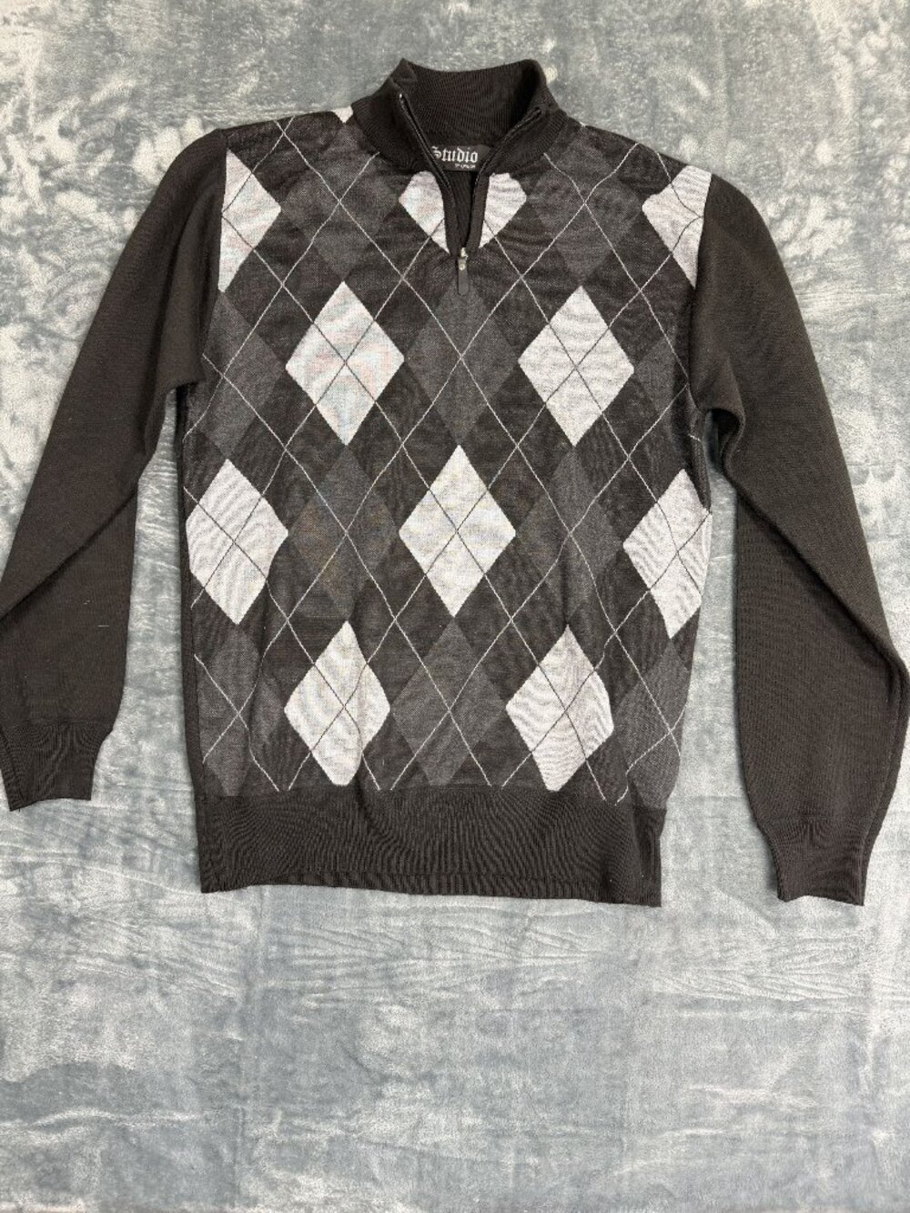Studio By Omega Mens Argyle Quarter-Zip Sweater Black & Gray S